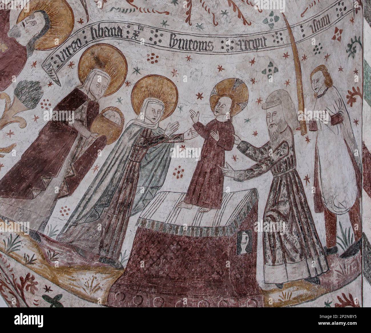 Die Präsentation am Tempel ist ein antikes Wandgemälde im Gewölbe der Keldby-Kirche, Dänemark, 10. Oktober 2022 Stockfoto