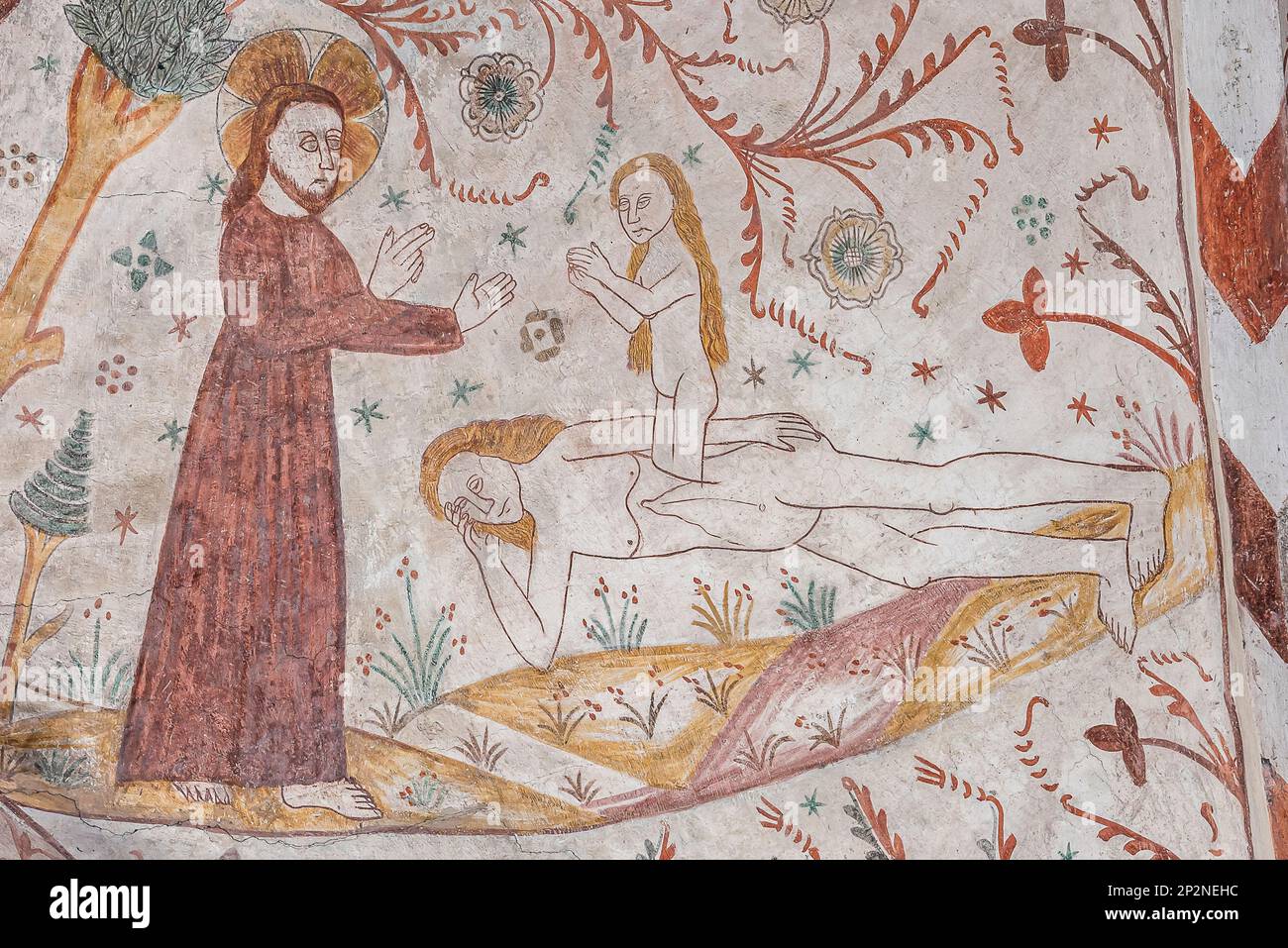 The Creation of Eve from the Rib of Adam, a Ancient gothic Fresco in Keldeby Church, 10. Oktober 2022 Stockfoto