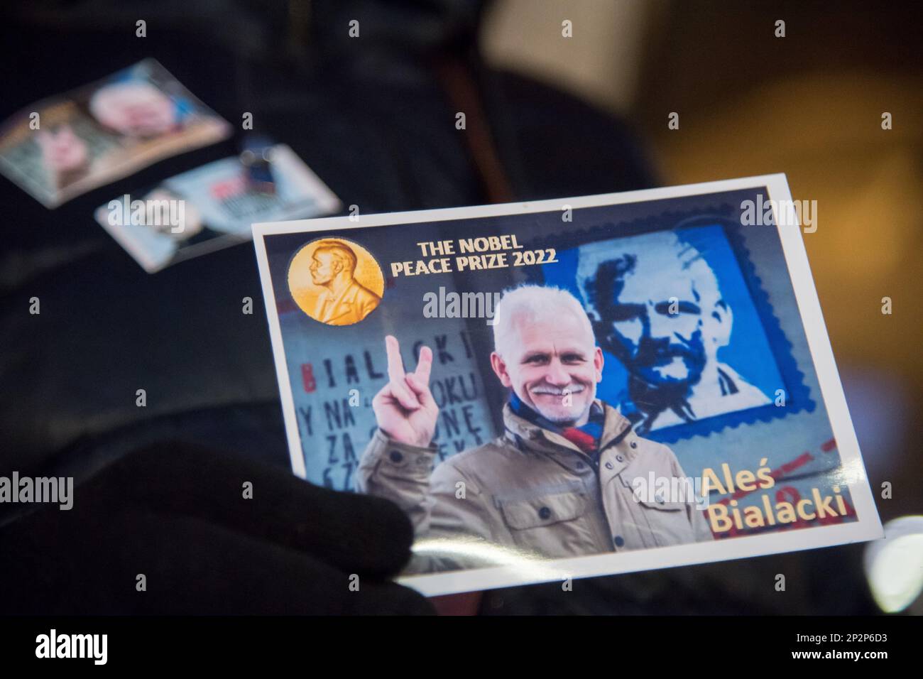 Free Ales Bialacki protestiert, um belarussische Pro-Demokratie- und Menschenrechtsaktivisten in Danzig, Polen, zu unterstützen. 2. März 2023 © Wojciech Strozyk/Alamy S. Stockfoto