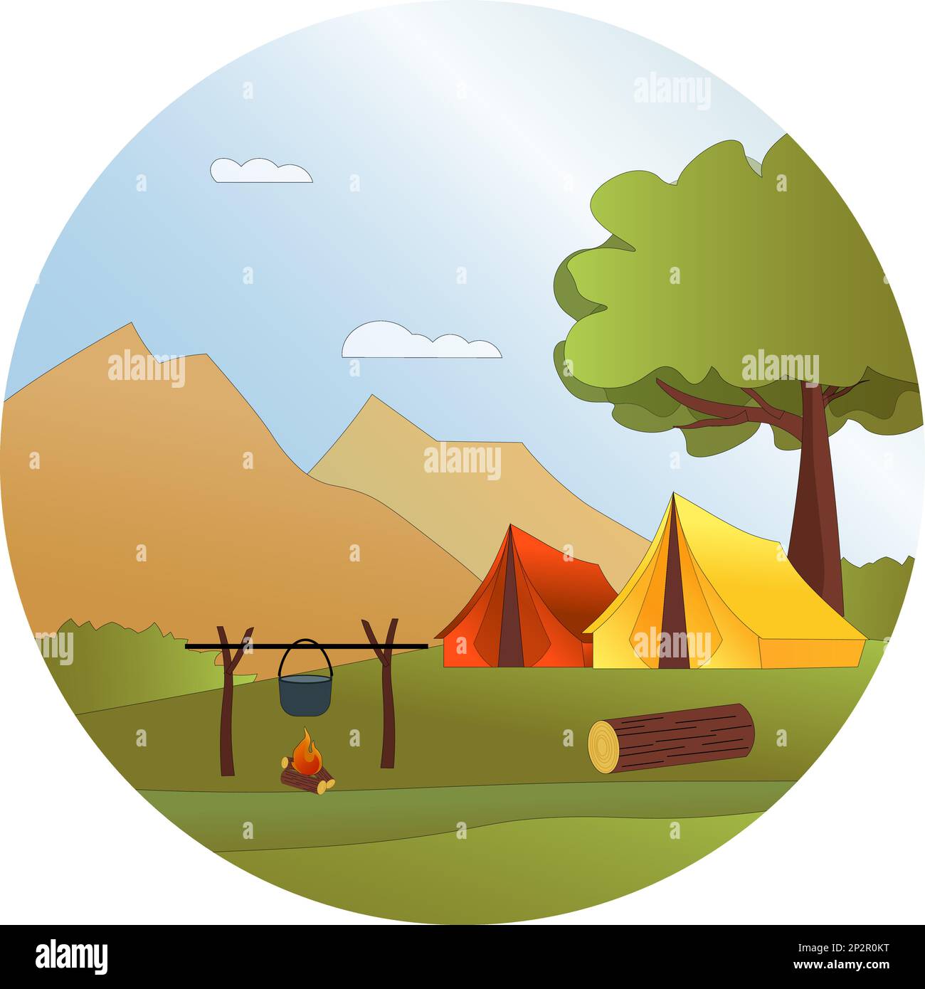 Camping. Zwei Zelte vor der Kulisse der Berge. Landruhe mit Feuer und Bowler-Hut. Stock Vektor