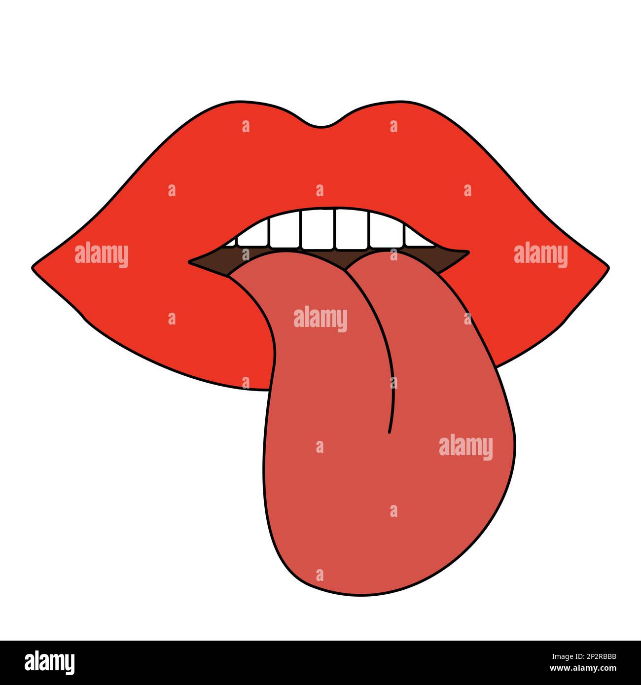 Rote Frauenlippen mit halboffenem Mund, ausragende Zunge, Doodle-Style, flache Vektorgrafik Stock Vektor