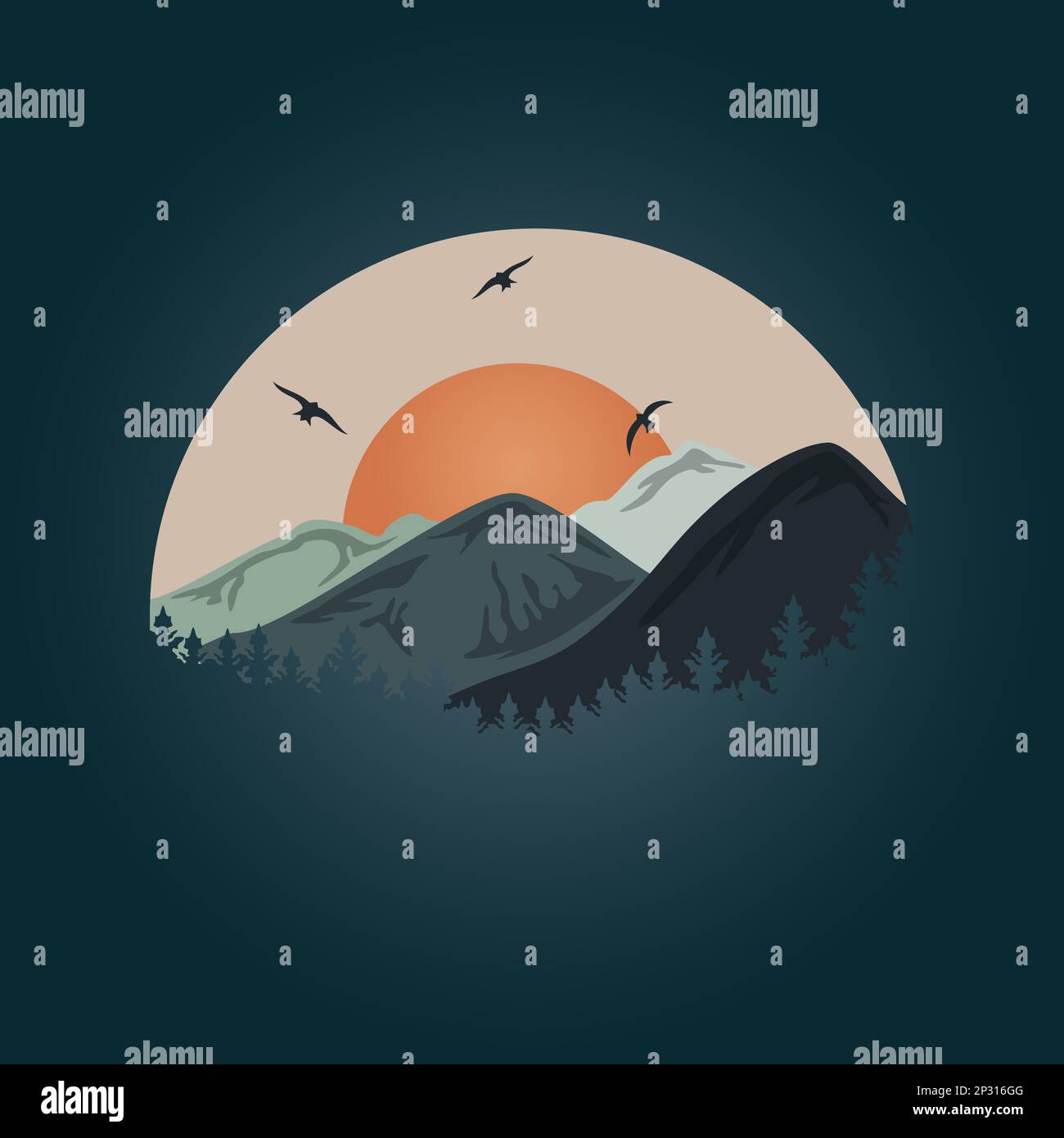 Wunderschöne Berglandschaft bei Sonnenaufgang und Sonnenuntergang mit Naturkulisse. Vektordarstellung Stock Vektor