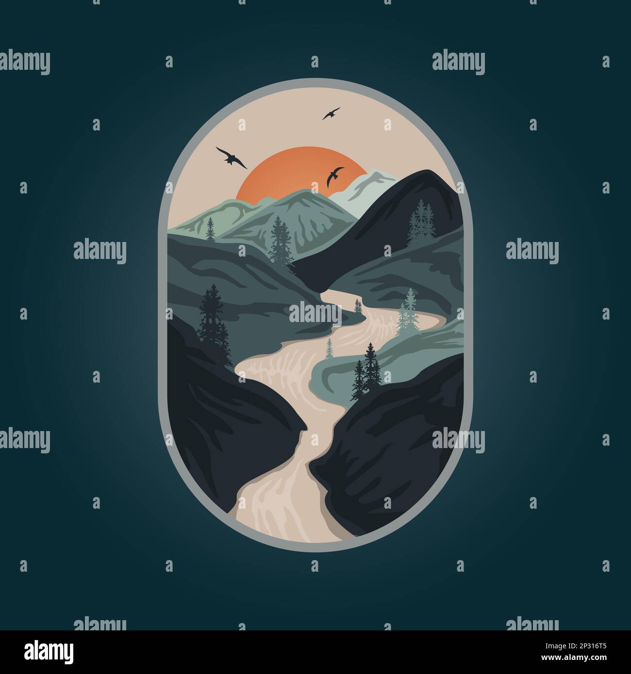 Wunderschöne friedliche Berglandschaft bei Sonnenaufgang und Sonnenuntergang, majestätische Natur im Hintergrund. Vektordarstellung Stock Vektor