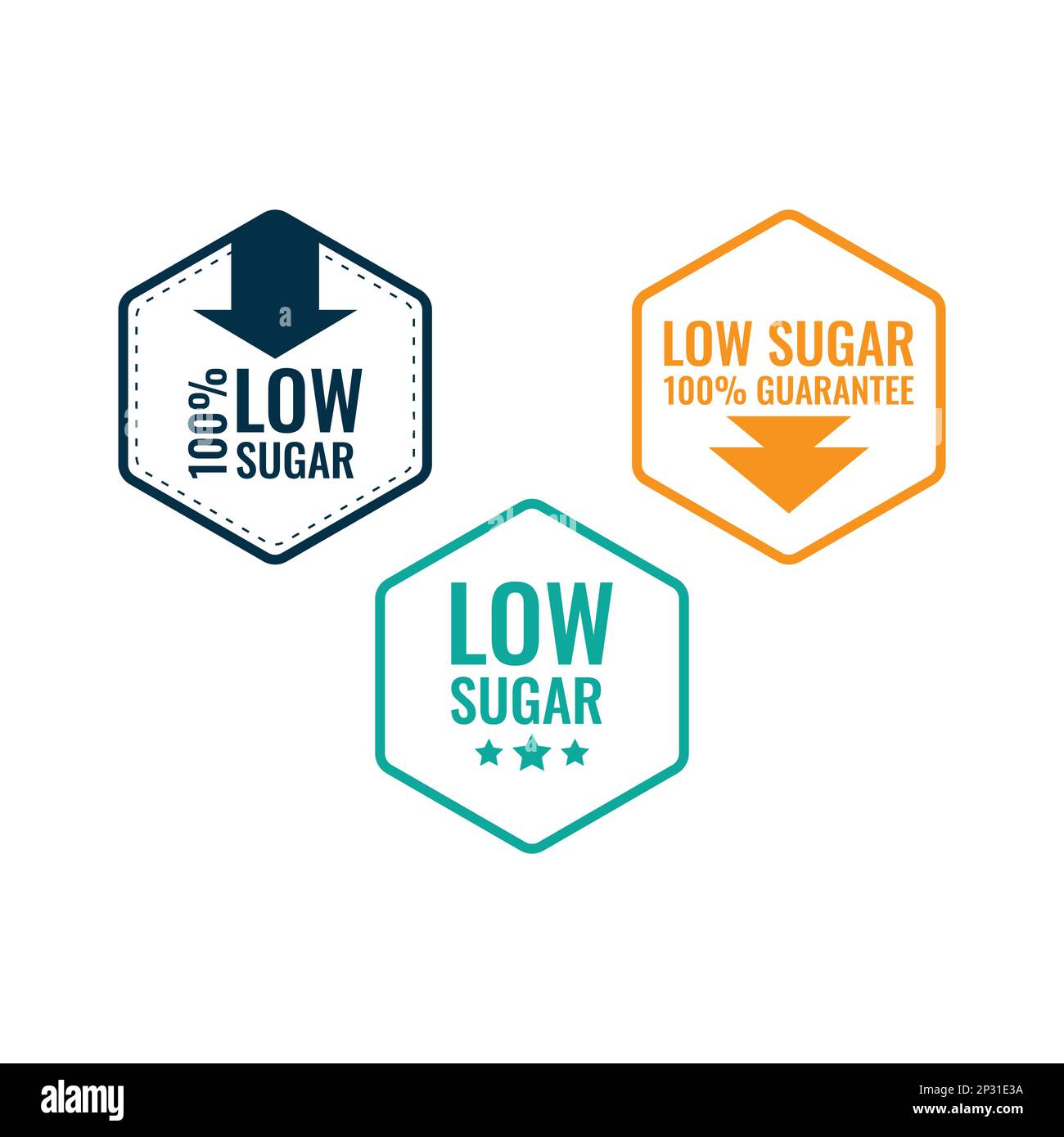 Zuckerarme Vektoraufkleber für Produktverpackung, Etikettendesign, Infografiken. Logo-Vorlagen mit geringem ZUCKERGEHALT Stock Vektor