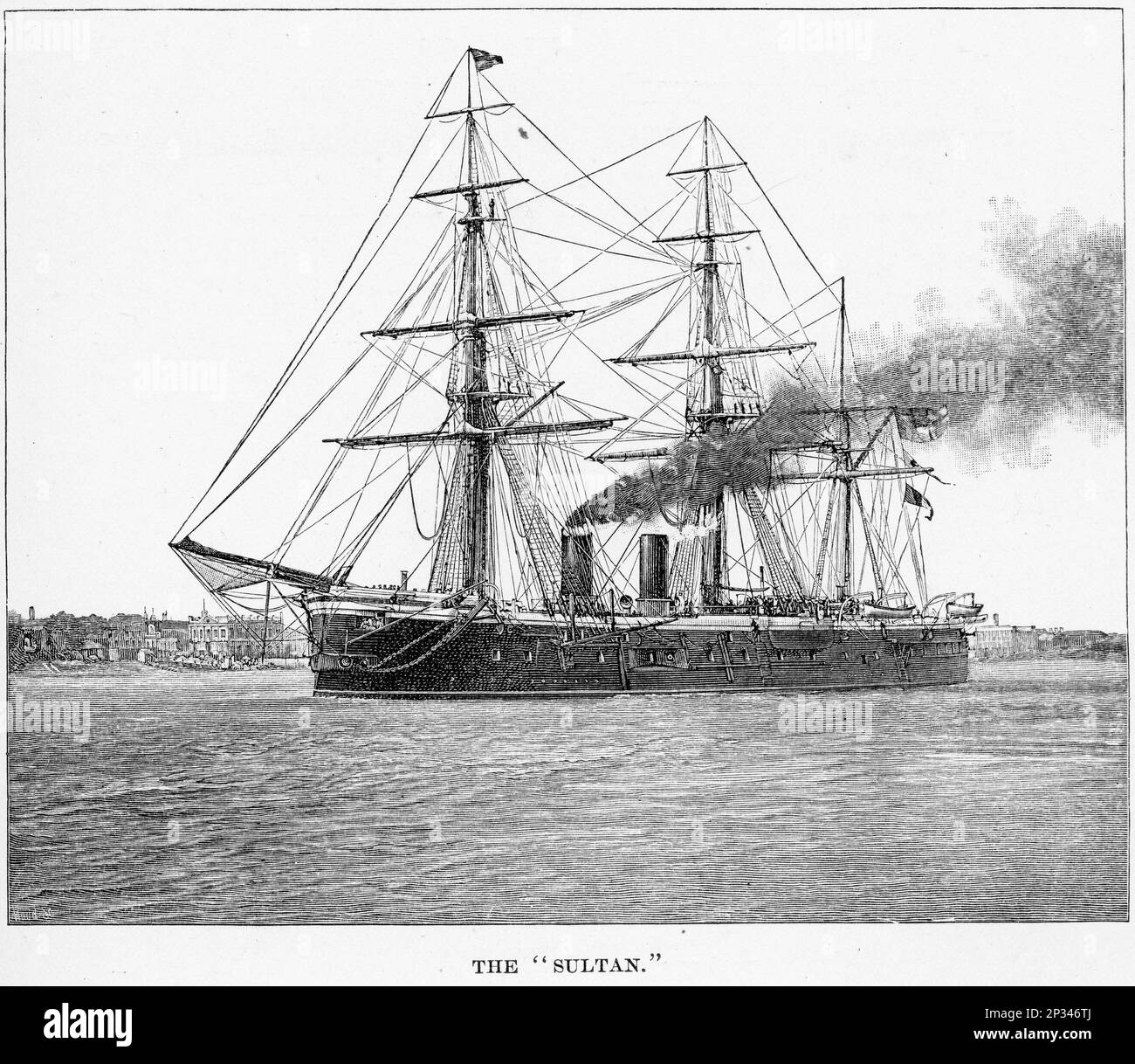 HMS Sultan, eine Breitseite der Royal Navy der viktorianischen Epoche, die ihre Hauptrüstung in einer Zentralbatterie trug. Sie wurde nach Sultan Abdulaziz vom Osmanischen Reich benannt, der England besuchte, als sie niedergelegt wurde. Stockfoto