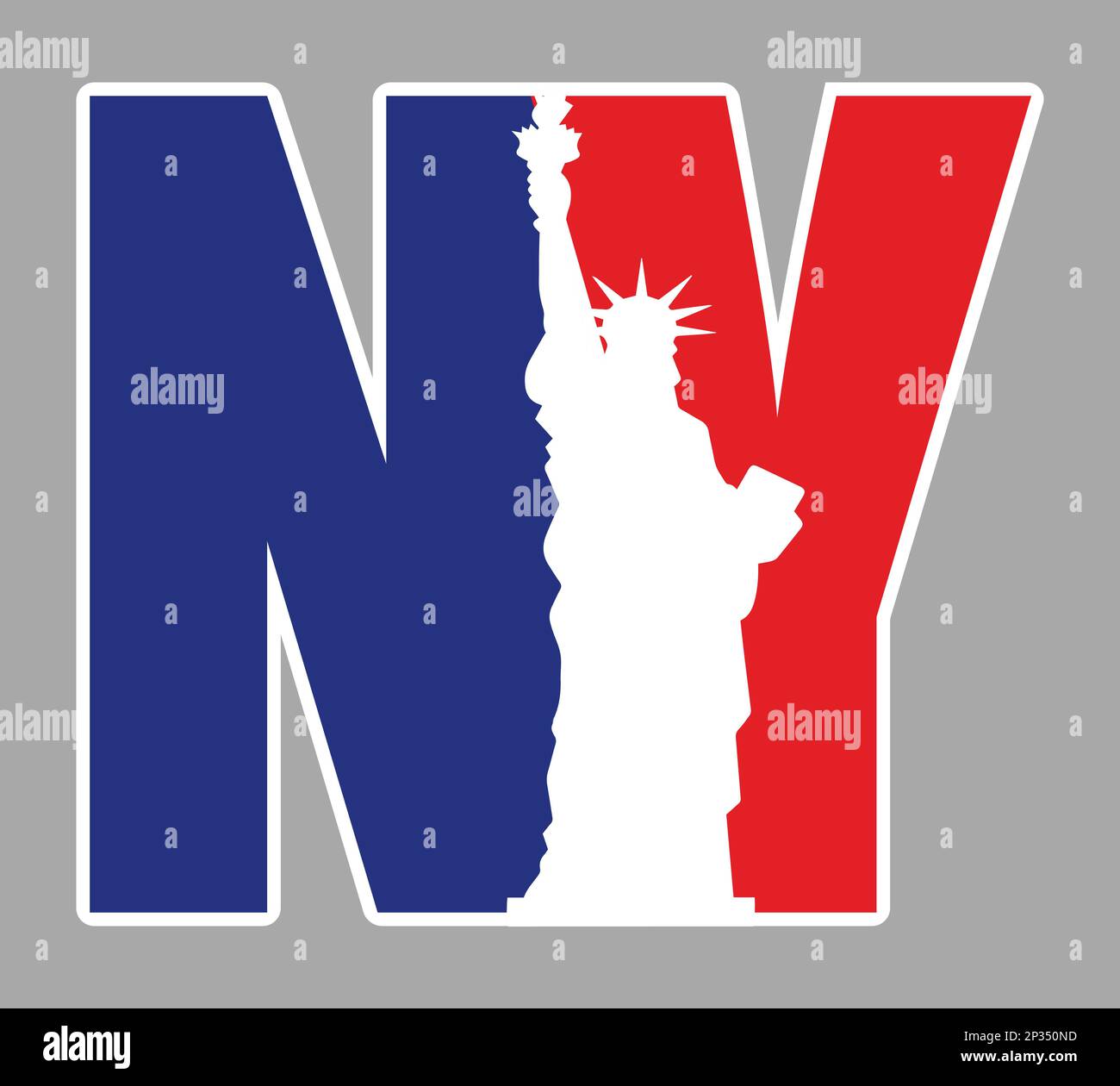 NY, New York Logo-Symbol mit Vektordarstellung der Freiheitsstatue und Hintergrund der amerikanischen Flagge. Stock Vektor