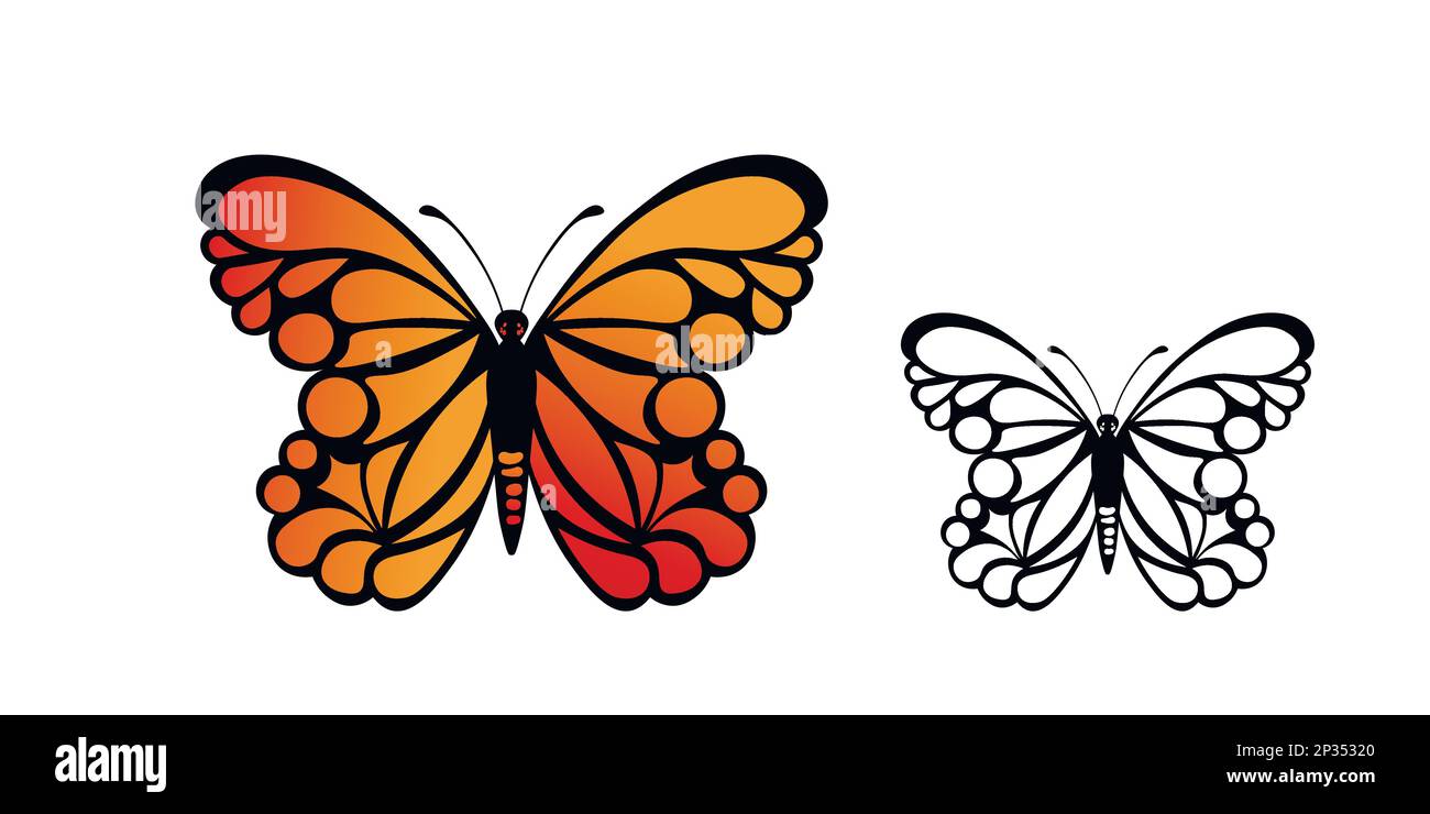 Lustige bunte Schmetterling. Flacher Vektor-Satz von detailreichen Schmetterlingen. Niedliche Charaktere. Karte, Postkarten für Kinder. Symbol „Silhouette“ Stock Vektor