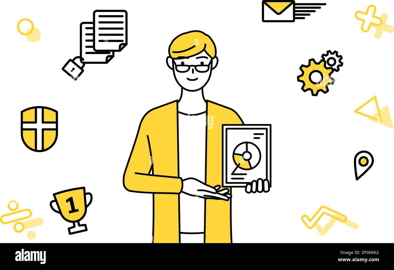 Bild von DX, Einem ungezwungenen jungen Mann, der digitale Technologie nutzt, um sein Geschäft zu verbessern, Vector Illustration Stock Vektor