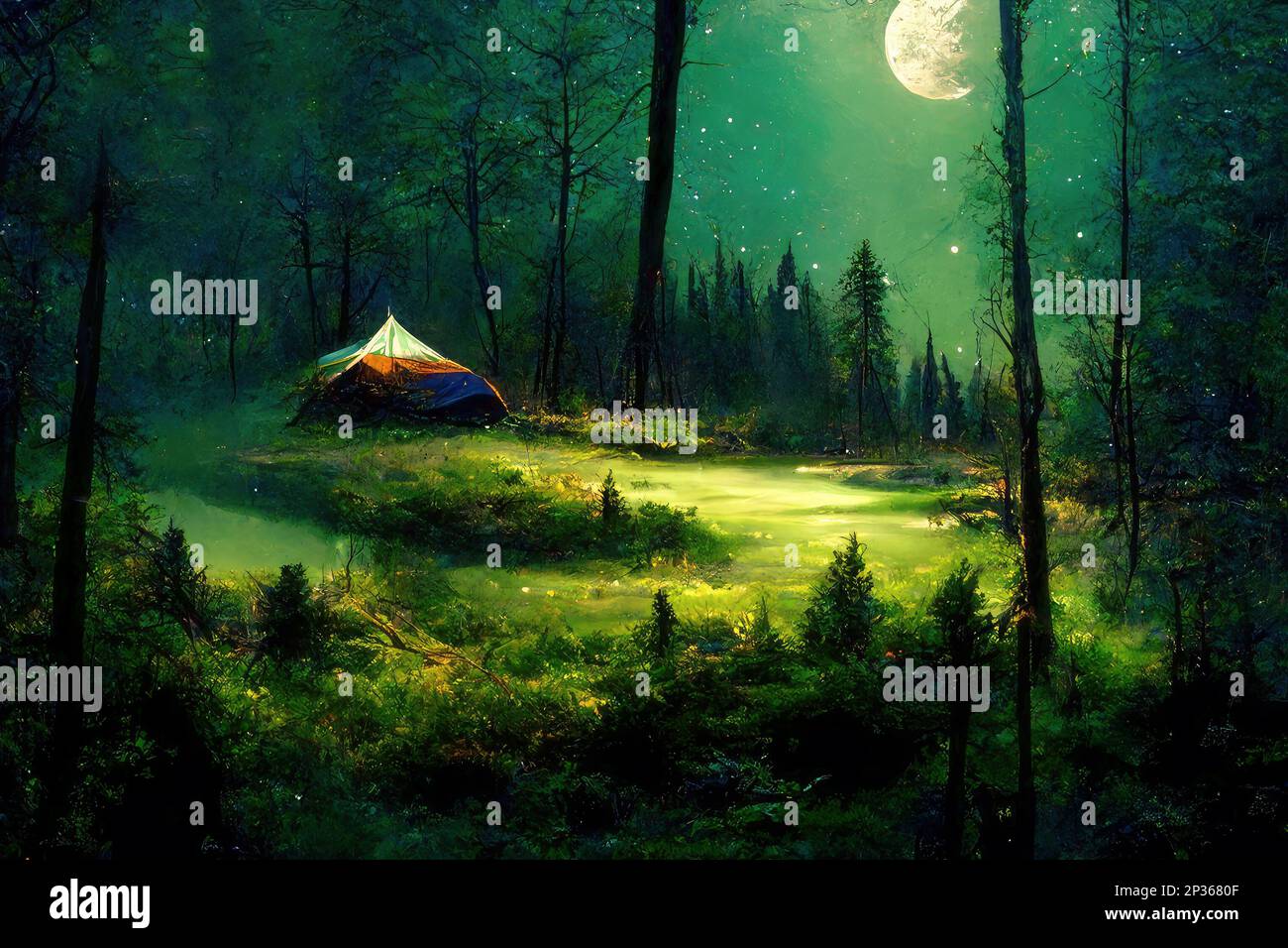 Zelt in einer wunderschönen Nachtlandschaft, beleuchtet vom Mondlicht.  Digitale Kunst Stockfotografie - Alamy