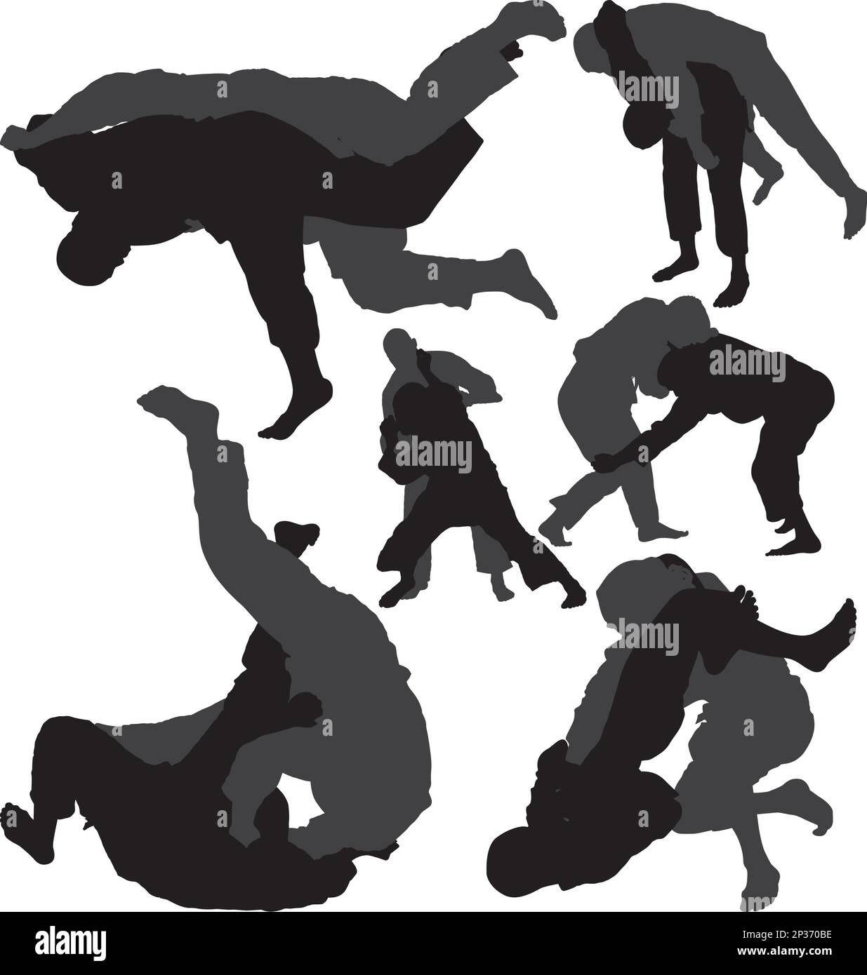Jiu-jitsu (Jujitsu) und Judo-Wrestler Vektorsilhouetten isoliert auf weißem Hintergrund. Mehrschichtig Stock Vektor
