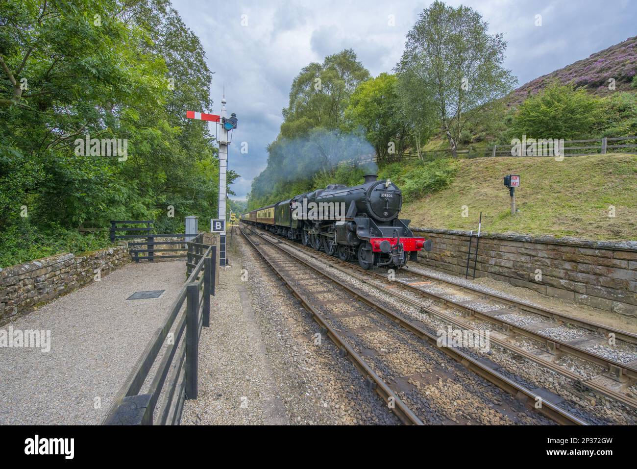 Dampfeisenbahn und Kutschen, Fahrt mit der historischen Eisenbahn von Pickering nach Goathland, North Yorkshire Moors Railway, North Yorkshire, England Stockfoto