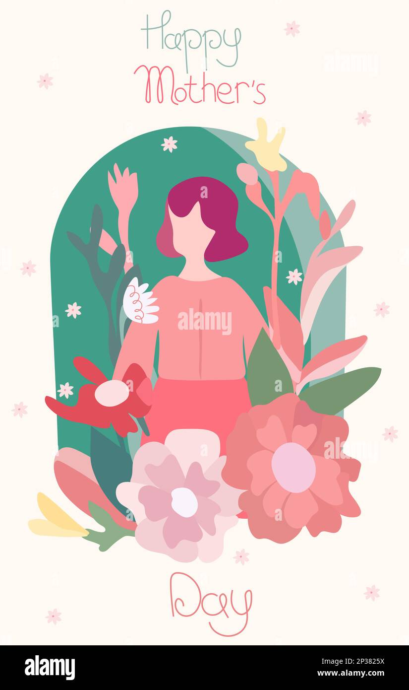 Glücklicher Frauentag, abstraktes Porträt einer Frau mit Blumen, Blättern und Inschrift. Grußkarten sind ideal für Banner, Karten, Poster, Postkarten. Vektorgrafiken. Stock Vektor