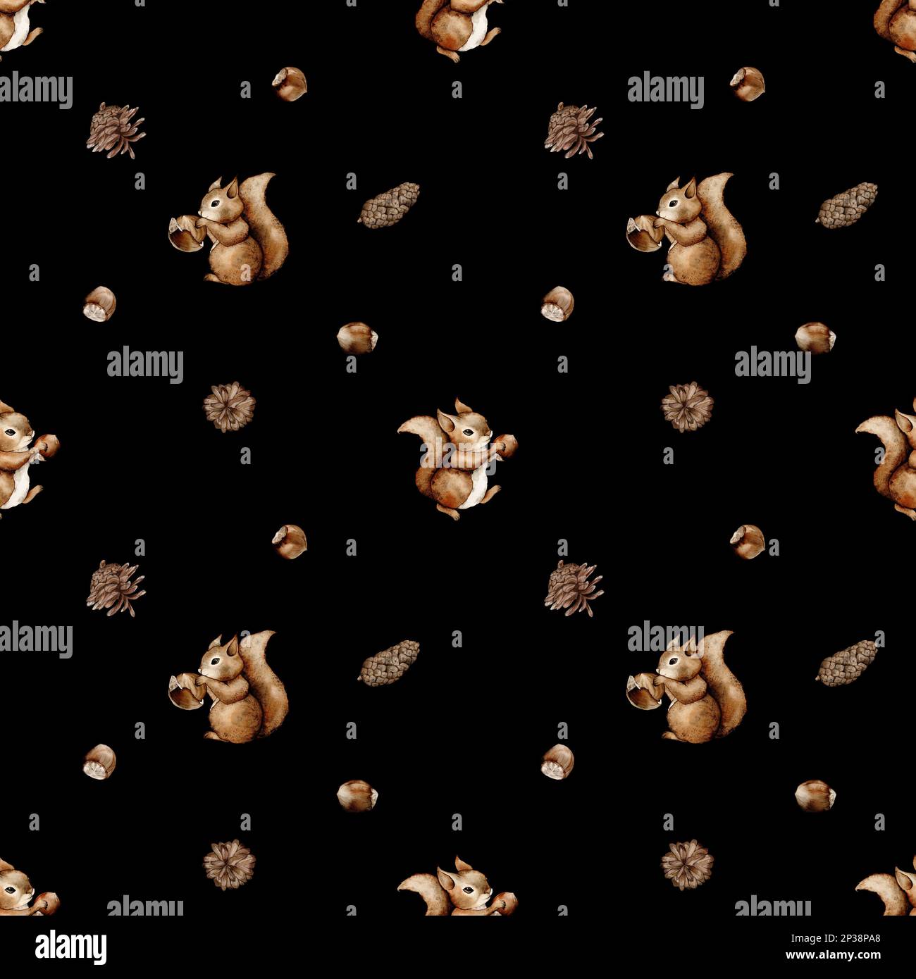 Süßes, nahtloses Muster mit Eichhörnchen in Aquarellfarben und Haselnuss. Süßes Kindermuster. Perfekt für Hintergrundpapier oder Textilien. Stockfoto