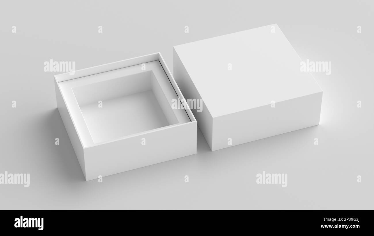 Quadratisches Modell der offenen Verpackung auf weißem Hintergrund. Vorlage für Ihr Design Stockfoto