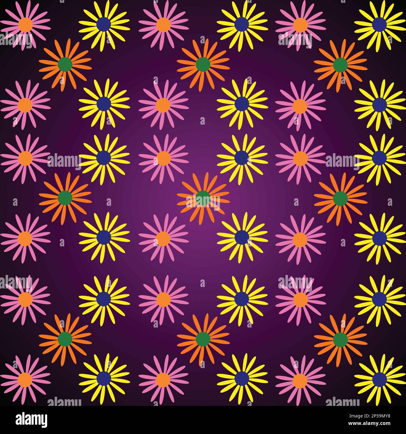 Nahtloses Muster mit bunten Blumen auf violettem Hintergrund. Vektordarstellung. Stock Vektor