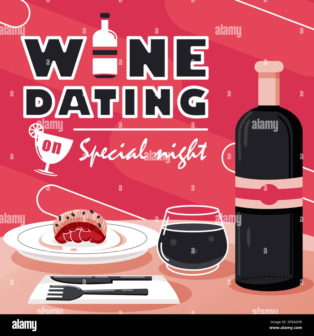 Wein-Dating am besonderen Abend, Abendessen und eine Flasche Wein. Geeignet für Veranstaltungen Stock Vektor