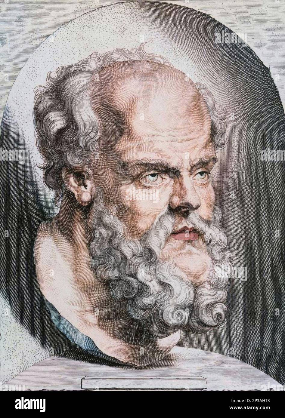 Buste de Socrate Philosophe de la Grece Antique (5eme Siecle AV JC.). Gravure couleur du 17eme siecle. Stockfoto