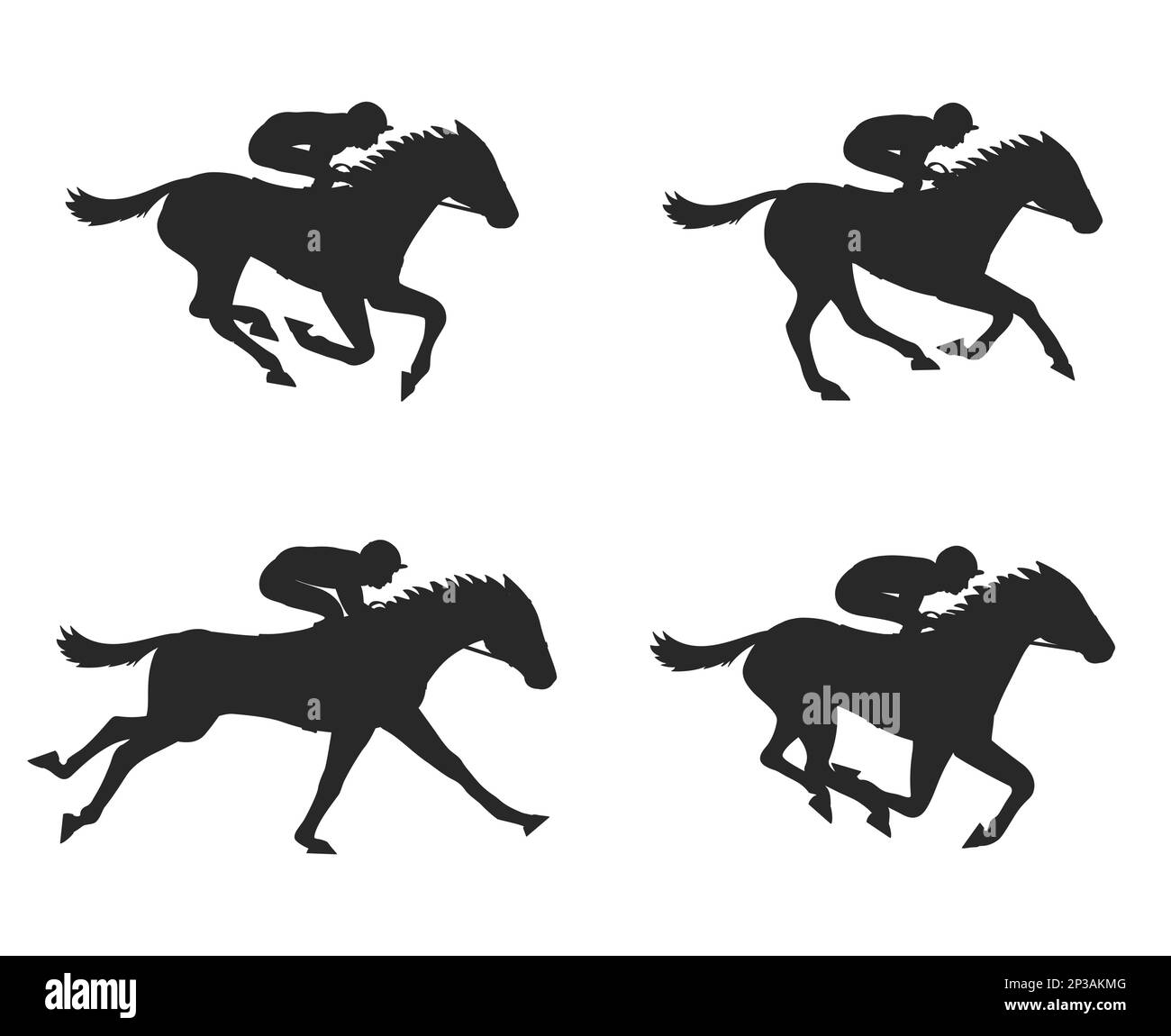 Rasantes Rennpferd mit Jockey-Silhouette Seitenansicht mit 4 Vektor isoliert auf weißem Hintergrund Stock Vektor
