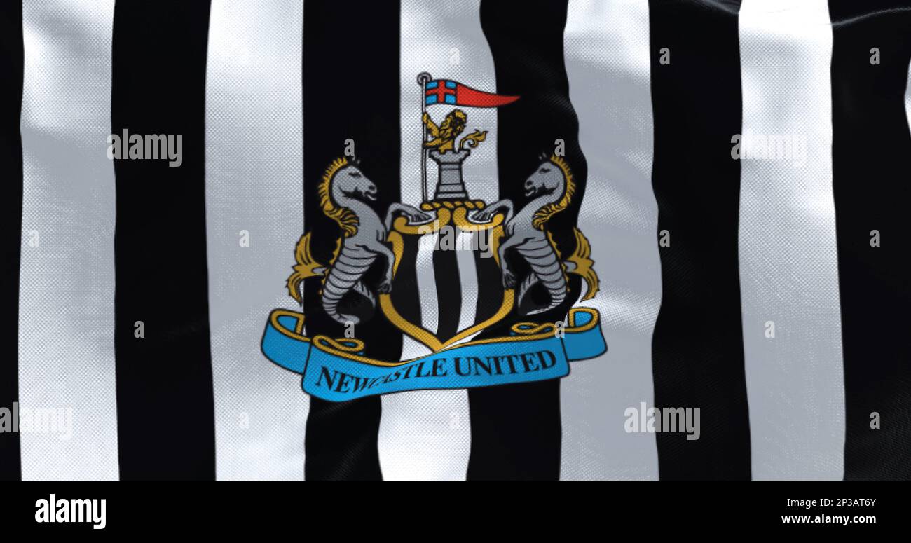 Newcastle, Vereinigtes Königreich, Januar 2023: Textilhintergrund mit der Flagge von Newcastle United. Rendern der 3D-Darstellung. Nahaufnahme. Strukturierter Stoffhintergrund Stockfoto