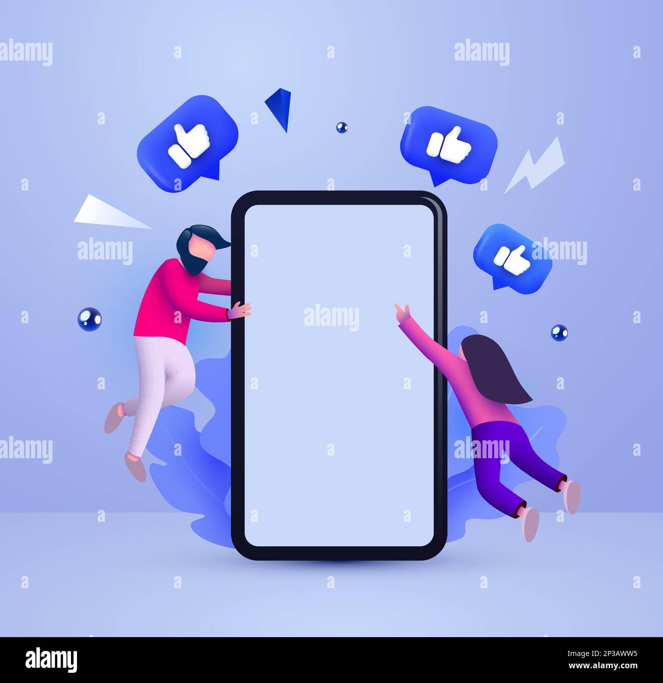 Mobiles Smartphone mit „Gefällt mir“-Benachrichtigungssymbolen und kleinen Personen, die herumfliegen. Social Media- und Marketingkonzept. Vektordarstellung Stock Vektor