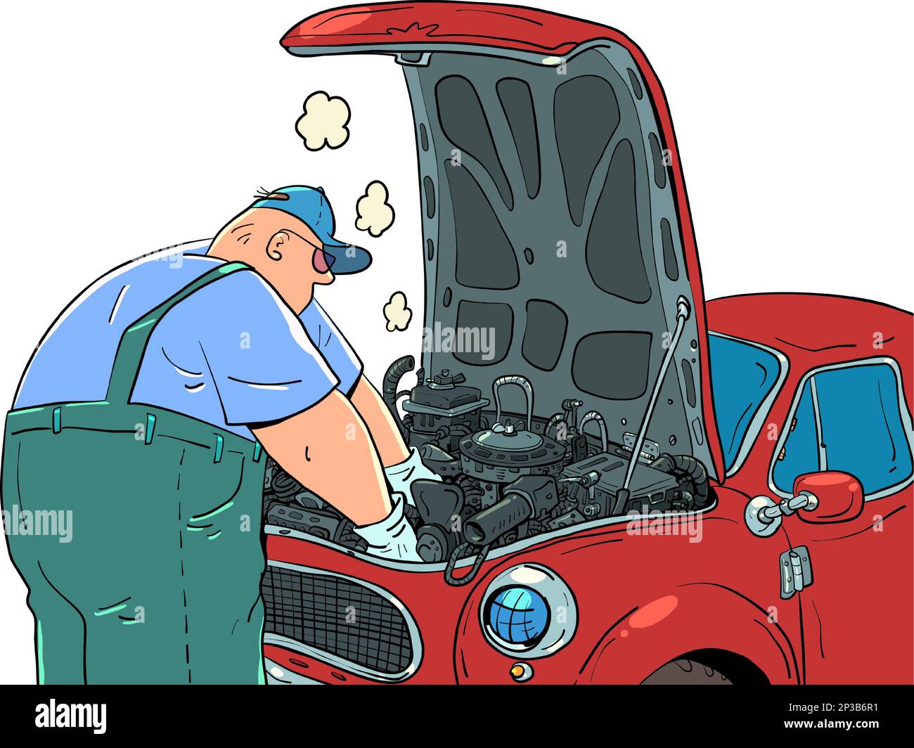 Ein Mann in Uniform repariert ein Auto. autoreparaturwerkstatt Garage Ein Profi arbeitet in einem Autoservice. Wartung zur Sicherheit des Fahrers. Stock Vektor