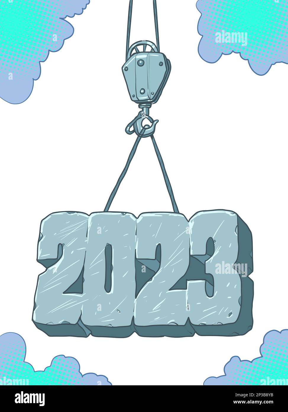 Turmkran fasst 2023. Turmkran fasst Stahl und Eisen 2023. Bauunternehmen kündigt das kommende 2023 an. Stock Vektor