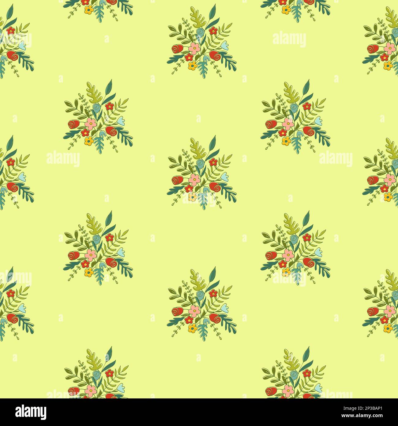 Nahtloses Blumenmuster. Schöner Blumenstrauß auf gelbem Hintergrund Stock Vektor