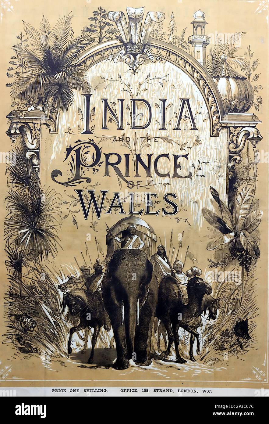 1875 illustrierte London News Supplement: India and Prince of Wales. Titelbild, nicht gemerkt, indische Elefanten in einem dekorativen Rahmen. Stockfoto