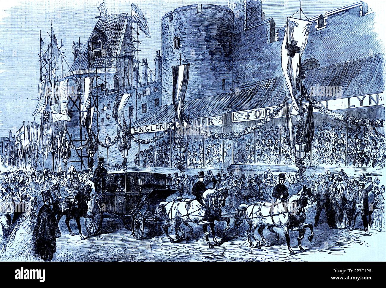 The Royal Party Passing the Curfew Tower in Windsor, eine Illustration aus den illustrierten London News, März 21. 1863. Stockfoto