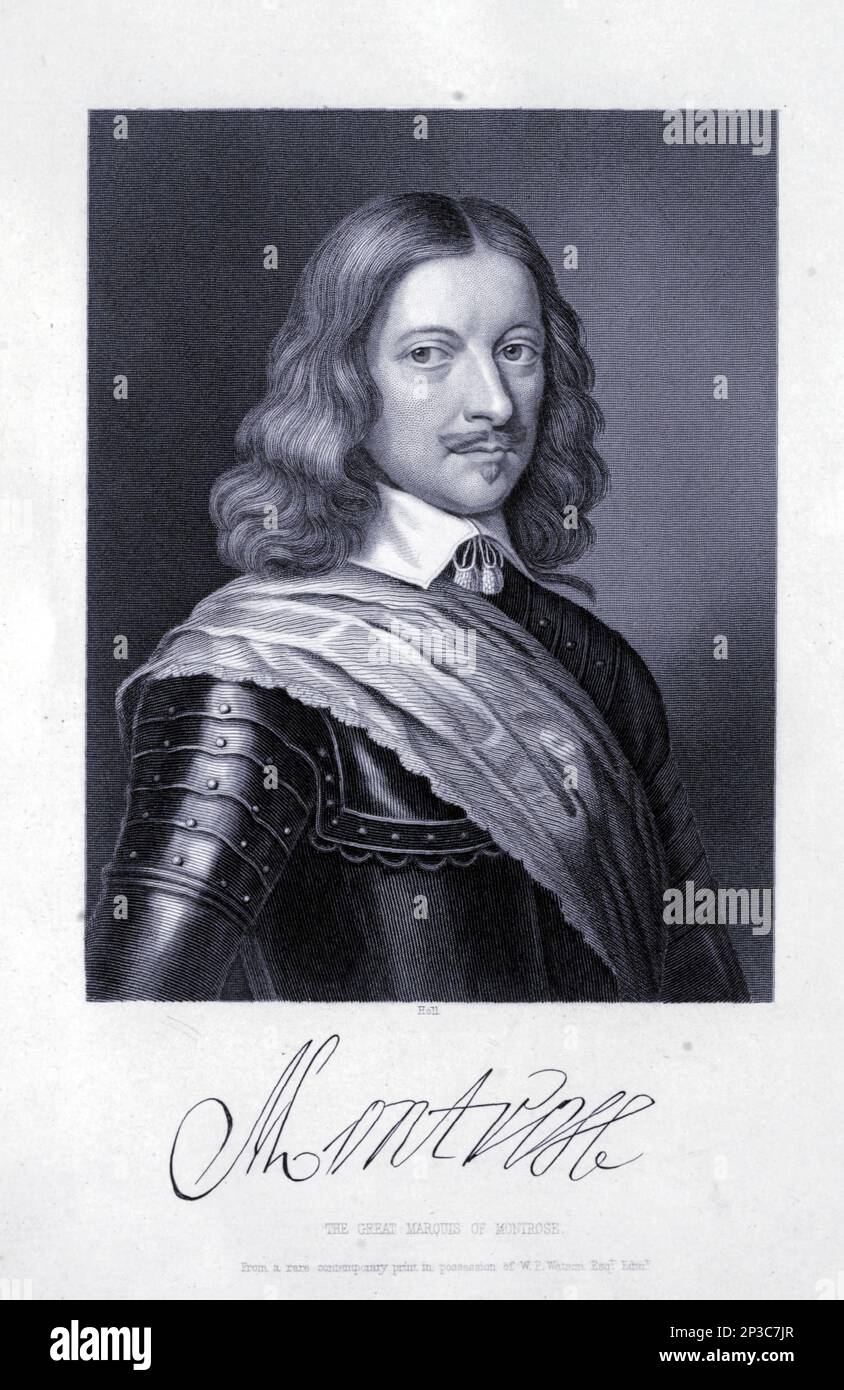 James Graham, 1. Marquess von Montrose (1612.-21. Mai 1650), war ein schottischer Adliger, Dichter, Soldat und später Vizekönig und Hauptmann von Schottland. Montrose schloss sich den Covenanters anfangs in den Kriegen der drei Königreiche an, unterstützte aber später König Karl I., als sich der englische Bürgerkrieg entwickelte. Von 1644 bis 1646 und erneut 1650 kämpfte er im Bürgerkrieg in Schottland im Namen des Königs. Er wird als der große Montrose bezeichnet. Aus dem Buch " A history of the Scottish Highlands, Highland Clans and Highland Regiments " Band 1 von Maclauchlan, Thomas, 1816-1886; Wilson, John, 178 Stockfoto