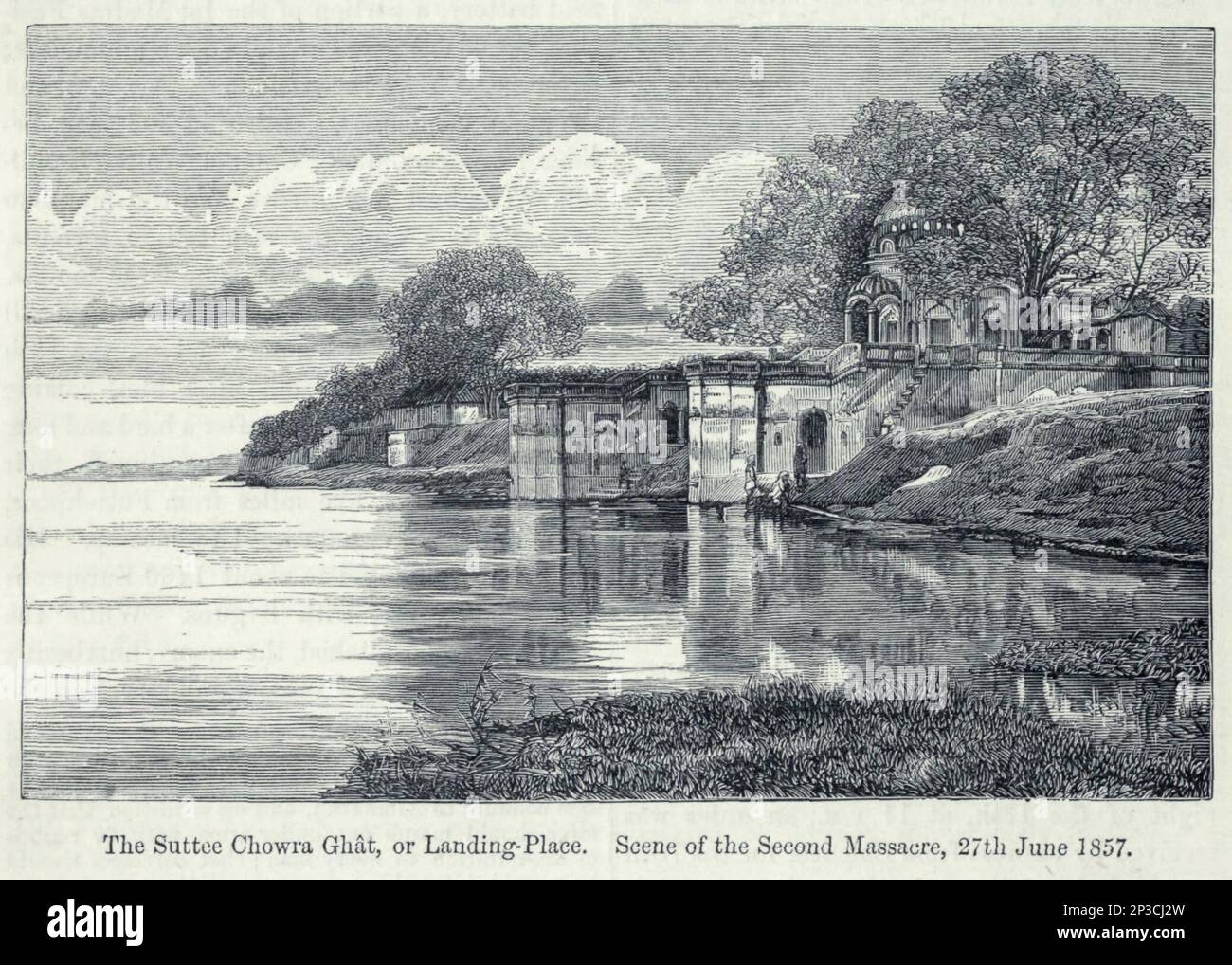 Suttee Chowra Ghat, oder Landeplatz, Szene des zweiten Cawnpoor (auch Cawnpore oder Kanpur ) Massaker, 15. Juli 1857 aus dem Buch " A history of the Scottish Highlands, Highland Clans and Highland Regiments " Band 2 von Maclauchlan, Thomas, 1816-1886; Wilson, John, 1785-1854; Keltie, John Scott, Sir, 1840-1927 Publication date 1875 Publisher Edinburgh ; London : A. Fullarton Stockfoto