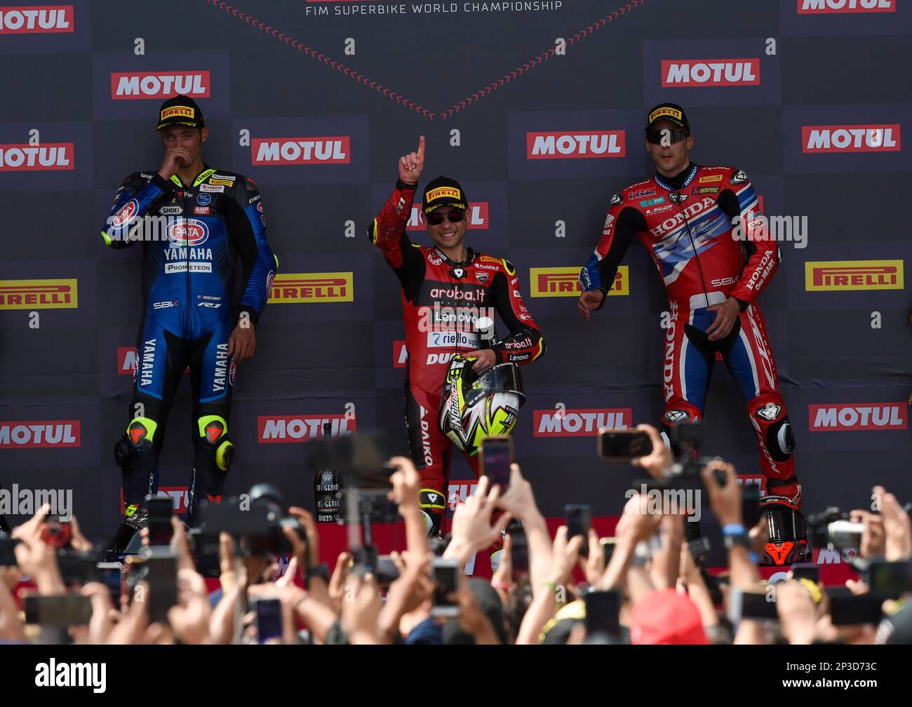 Mandalika, Mandalika der Provinz West Nusa Tenggara in Indonesien. 5. März 2023. Alvaro Bautista (C) vom Aruba.it Racing-Ducati, Toprak Razgatlioglu (L) von Pata Yamaha Prometeon WorldSBK und Xavi Vierge vom Team HRC posieren auf dem Podium während der Preisverleihung nach dem Rennen 2 der WorldSBK 2023 Indonesian Round im Mandalika Circuit, Mandalika aus West-Nusa, Provinz Tenggara, 5. März, Indonesien 2023. Kredit: Zulkarnain/Xinhua/Alamy Live News Stockfoto