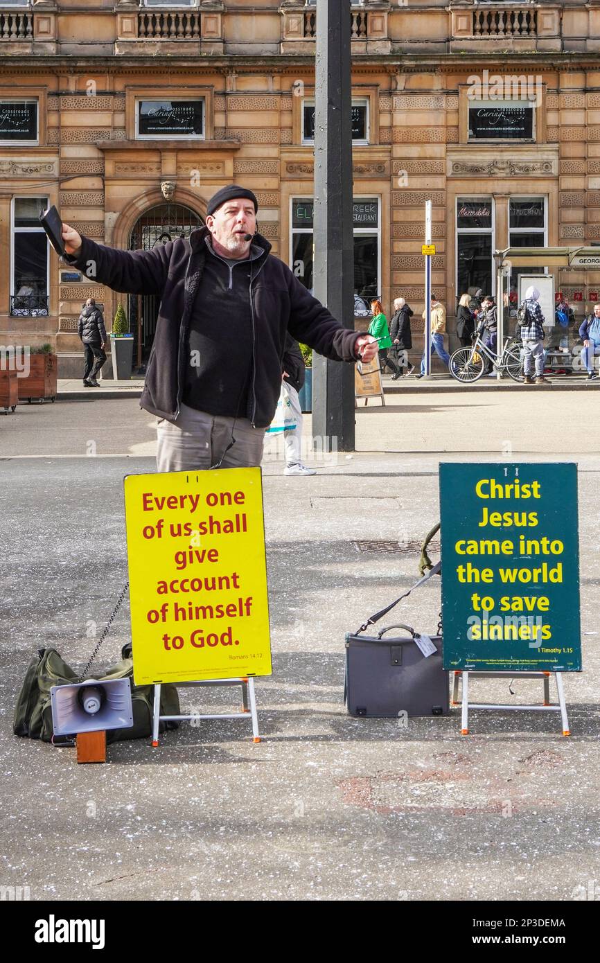 Straßenprediger, Prediger des Christentums, auf George Square, Glasgow, Schottland, Stockfoto