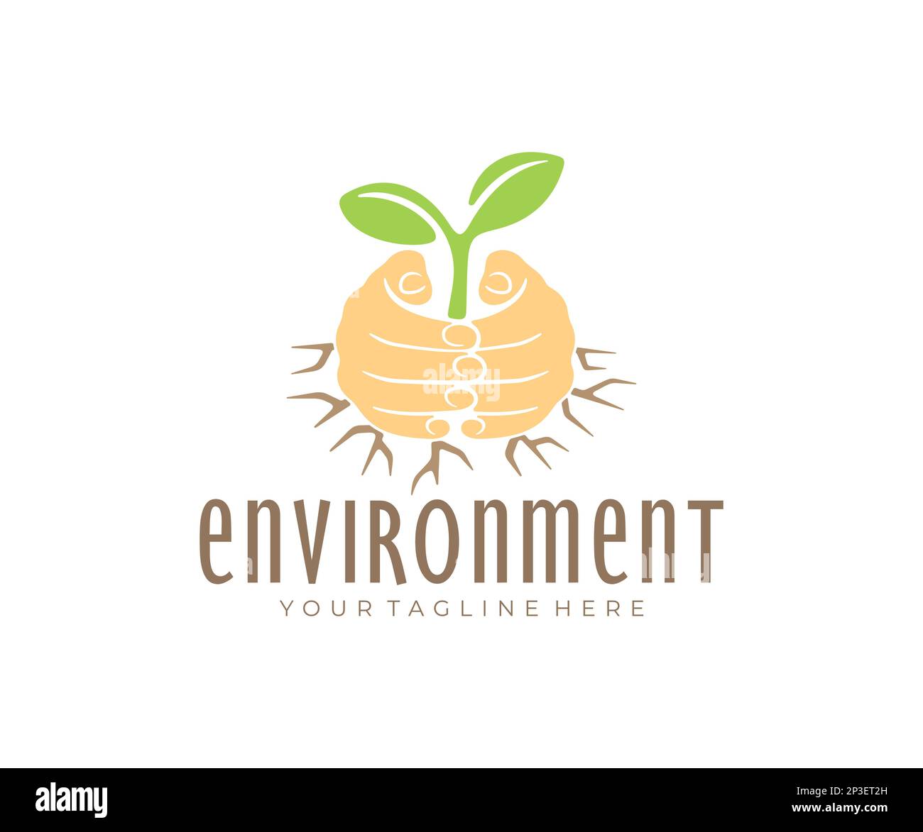 Hände schützen den Sprossen vor Dürre, Natur und Pflanzen, Logo-Design. Umwelt, Umweltschutz, Landwirtschaft und Landwirtschaft, Vektor Stock Vektor