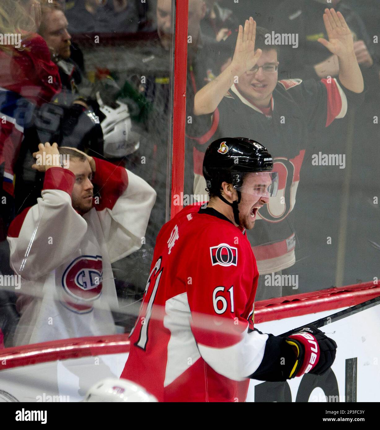 Montreal Canadiens' and Ottawa Senators fans react as Ottawa Senators right wing Mark Stone celebrates the game winning goal during third period NHL action Wednesday, Feb. 18, 2015, in Ottawa, Ontario. The Senators defeated the Canadiens 4-2. (AP Photo/The Canadian Press, Adrian Wyld) Stockfoto