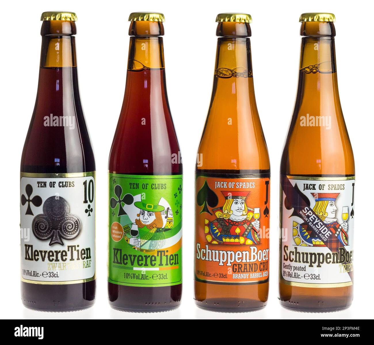 Flaschen belgisches Klevere Tien und Schuppenboer Bier isoliert auf weißem Hintergrund Stockfoto