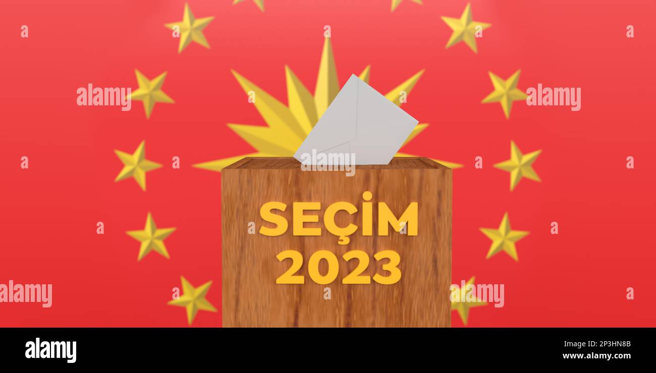 Weißer Umschlag bei DEN TÜRKISCHEN WAHLEN 2023 Text hölzerne Wahlurne auf dem Symbol der türkischen Präsidentschaftsflagge. 3D gerenderter roter Hintergrund, Beschneidungspfad. Stockfoto