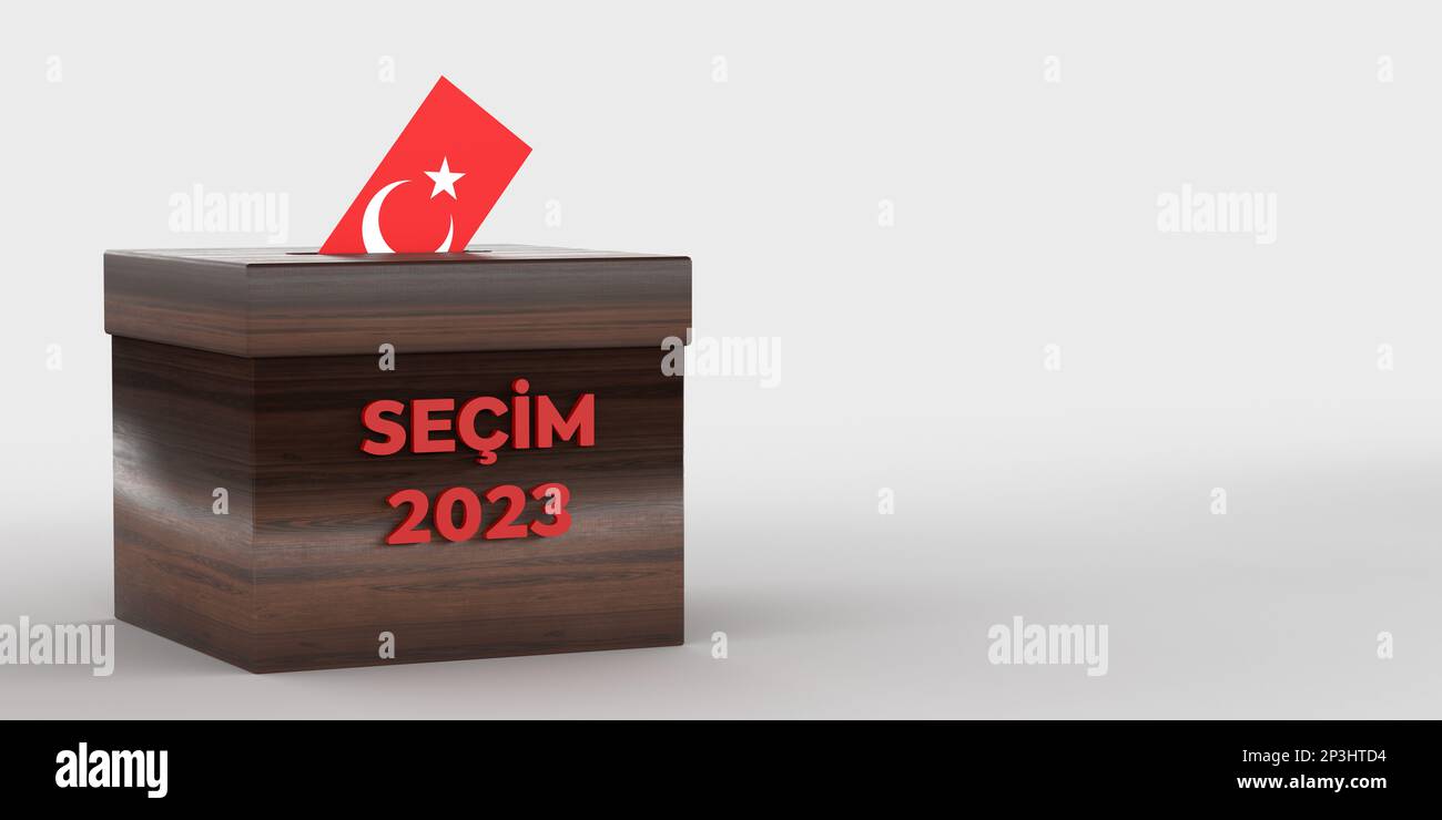 Umschlag mit türkischer Flagge in TÜRKISCHER WAHLURNE 2023, Seitenansicht. 3D-gerenderter weißer Hintergrund, Beschneidungspfad. General und Präsident Stockfoto