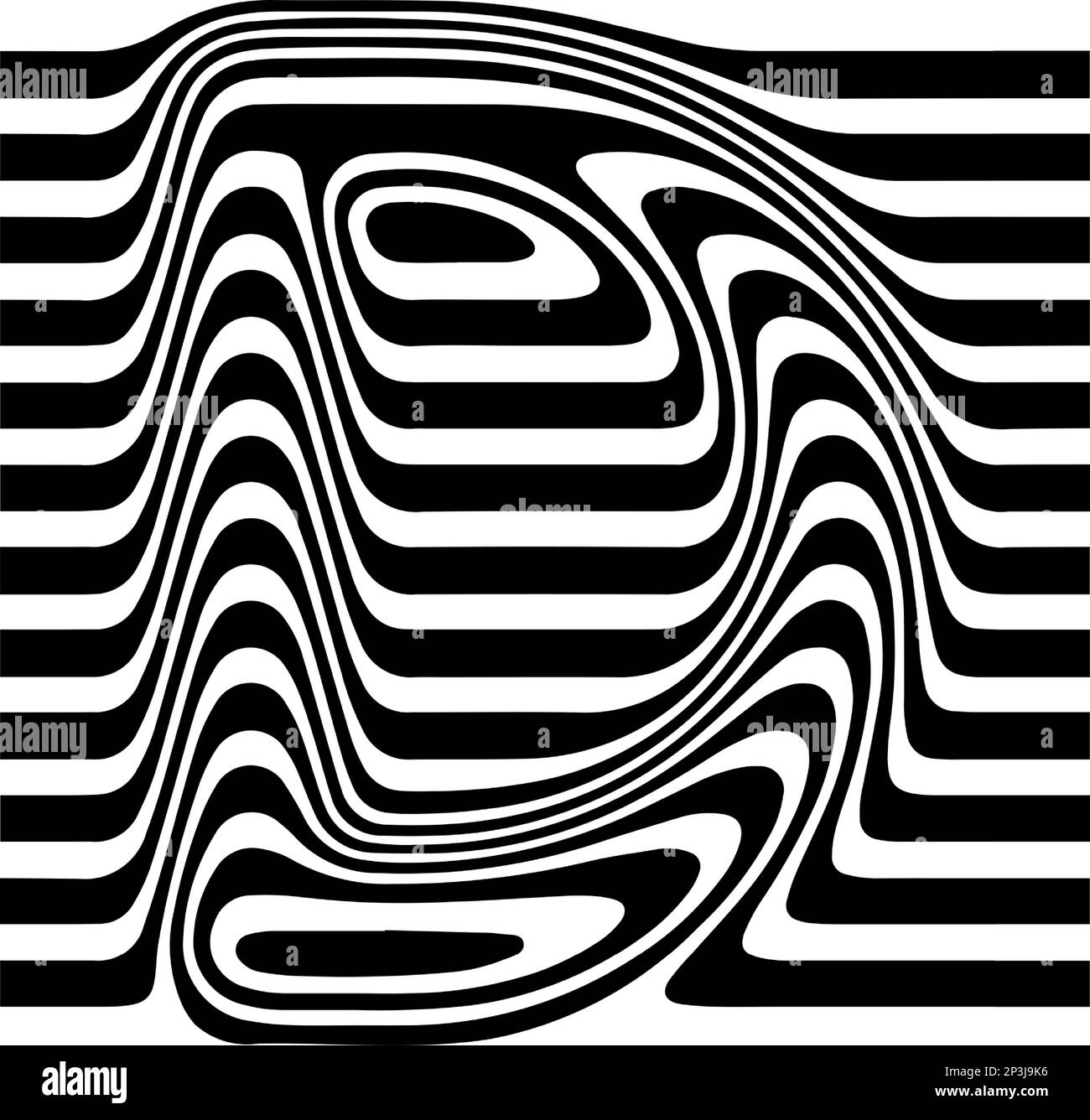 Verflüssigter Buchstabe D, 3D gestreiftes Schild, optische Täuschungsschriftart für opart-Style-Logo und Monogramm. Vektortypographisches Design Stock Vektor