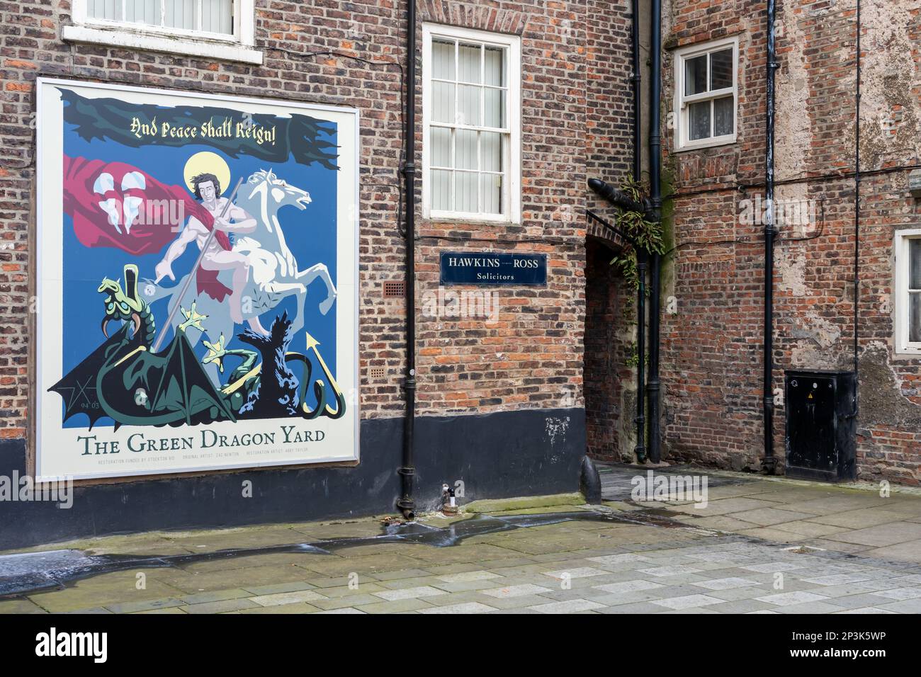 Beschilderung am Green Dragon Yard in der Stadt Stockton on Tees, Großbritannien. Stockfoto