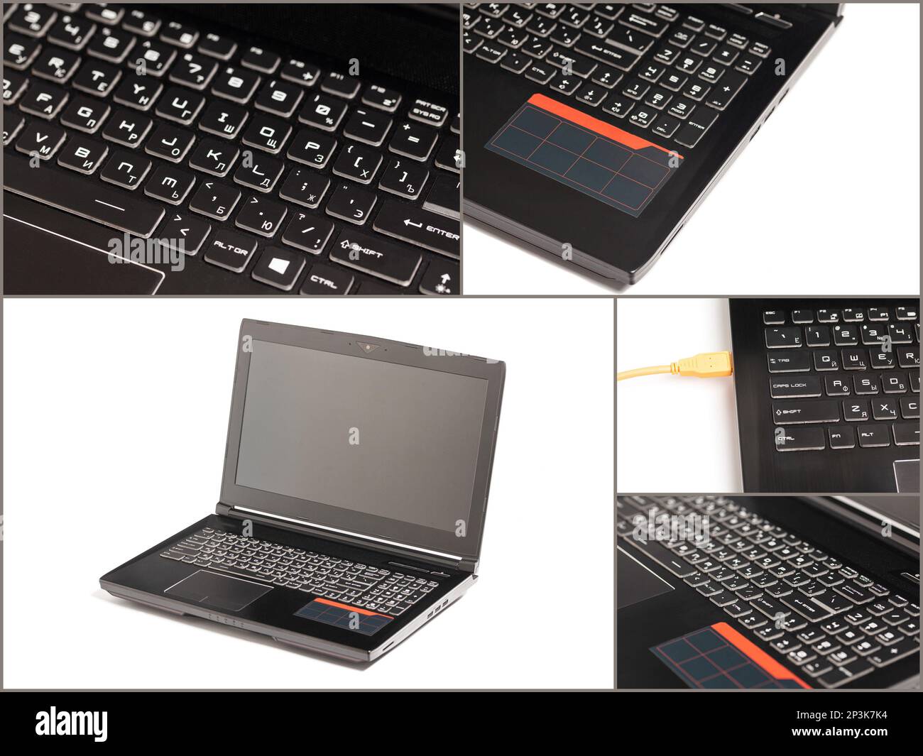 Collage mit schwarzem Gaming-Notebook in modernem Design isoliert auf weißem Hintergrund Stockfoto