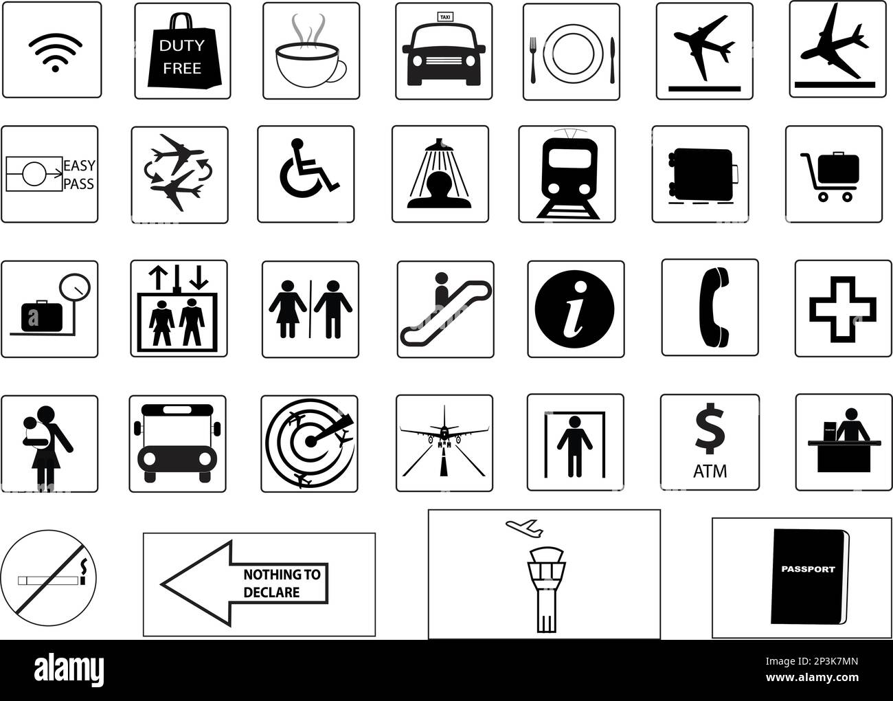 Set aus 32 Flughafenschildern und -Symbolen Stock Vektor