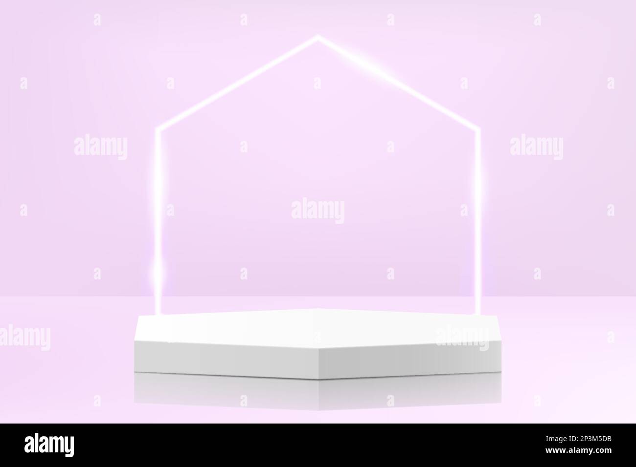 Realistisches weißes 3D-Polyeder-Podium mit leuchtendem Neon-Polyeder auf violettem Hintergrund. Abstrakte Minimalszene für Modellprodukte, Bühne für Stock Vektor
