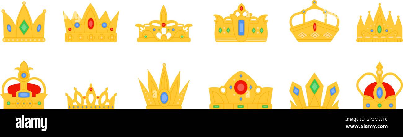 Flache goldene Krone, Königskrone und Diadem. Kronenelemente im Vintage-Stil. Königin und Prinzessin goldene königliche Symbole, anständige Vektorsymbole Stock Vektor