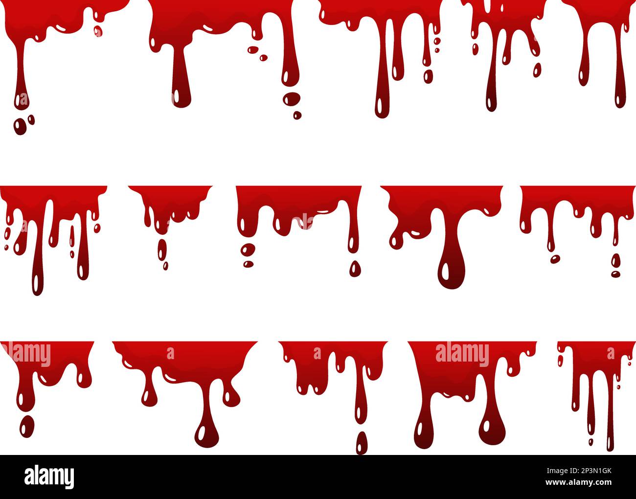Rotes tropfendes Blut. Fließende Farbe, Spritzer und Tropfenflüssigkeit. Tintentropfen, gruseliges halloween fließt an Grenzen. Cartoon Neoterische Färbevektorset Stock Vektor