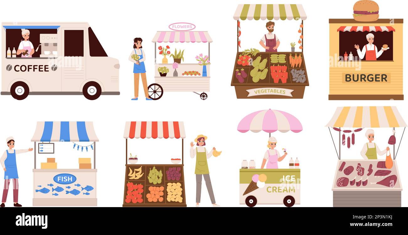 Händler von Frischnahrungsmitteln. Verkäufer lokaler Produkte, Fisch und frisches Obst und Gemüse. Blumen und Kaffee, Burgerstand. Cartoon-Verkäufer kuschelig Stock Vektor