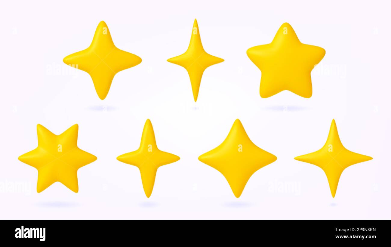 Gelbe Sterne, 3D Symbole, Business-Star-Symbol für Leistungsorientierung. Feedbackelemente der mobilen Serviceüberprüfung. Hohe Qualität, Bewertung, Premium und Gewinn Stock Vektor