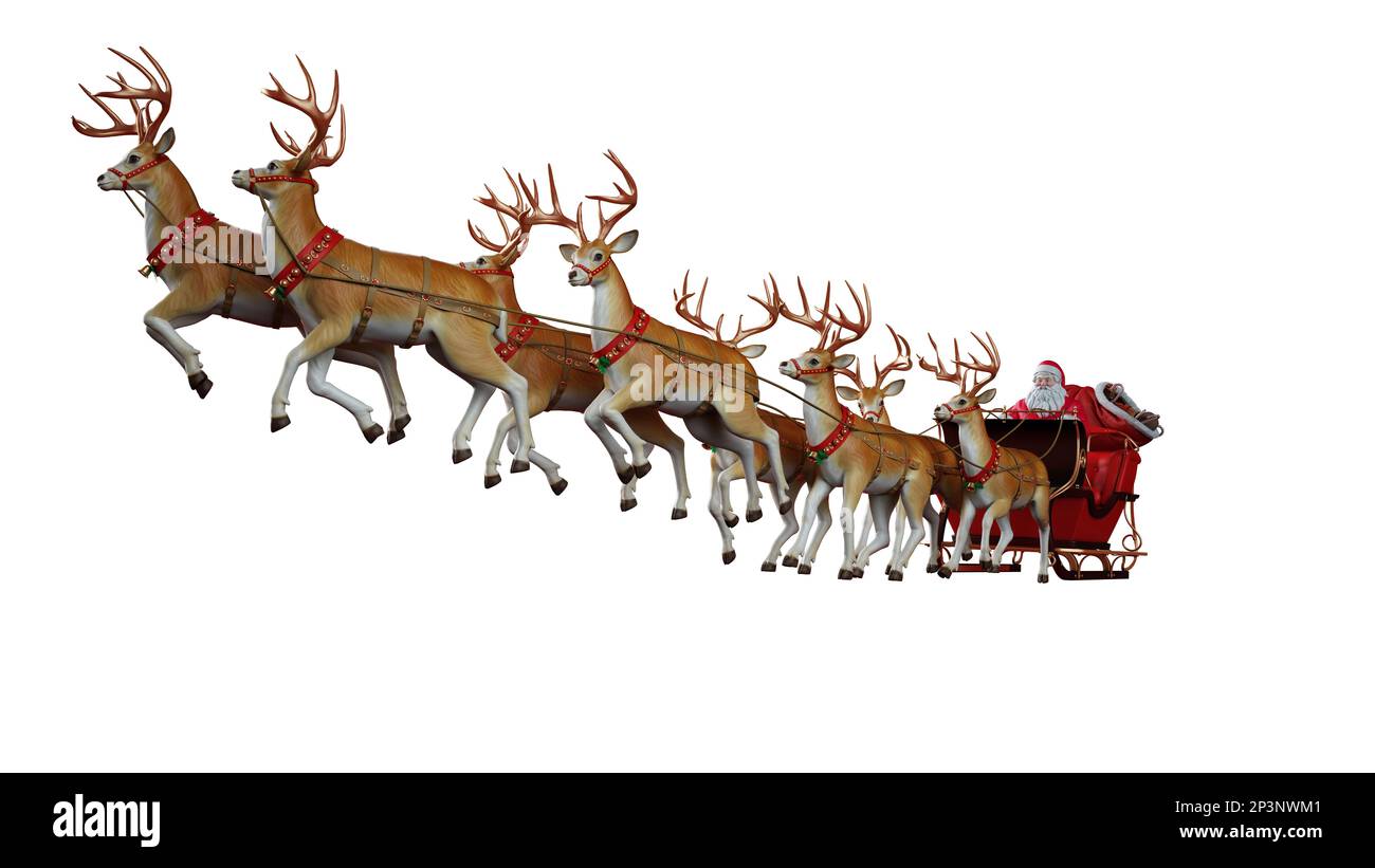der weihnachtsmann ist bereit, Geschenke mit einem Schlitten und Rentieren zu überbringen. 3D-Rendern Stockfoto