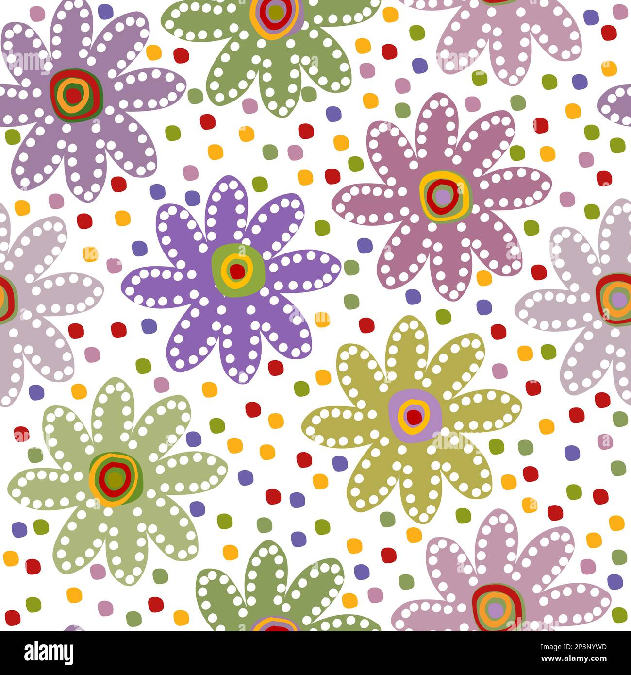 Geblümter Hintergrund mit gepunkteten Blüten im kindischen Stil Stock Vektor