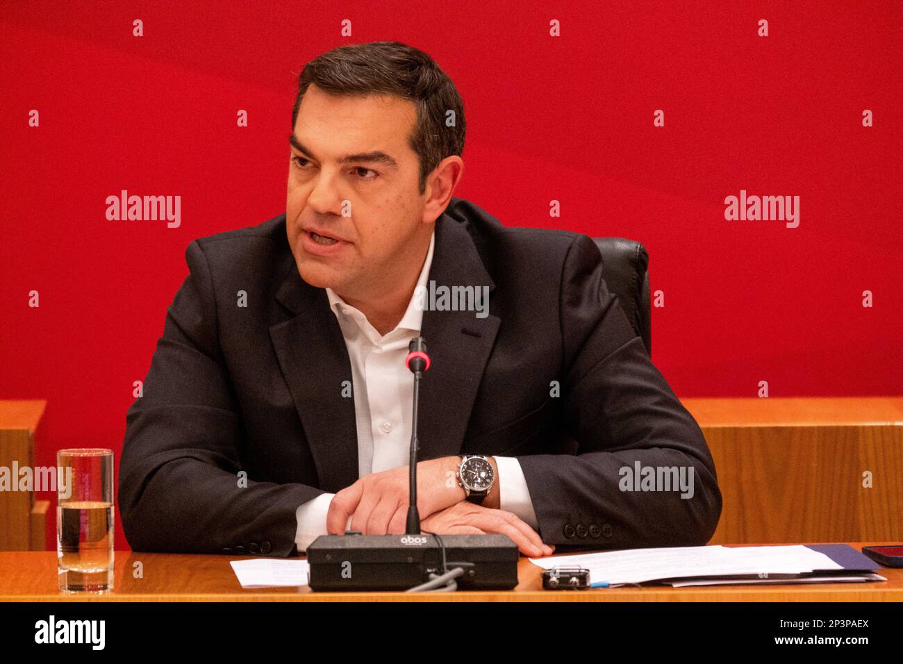 Der Präsident der SYRIZA - Progressive Alliance, Alexis Tsipras, ist ein griechischer Politiker, der seit 2019 als Anführer der offiziellen Opposition dient. Von 2015 bis 2019 war er Ministerpräsident Griechenlands. Athen, Griechenland. Stockfoto